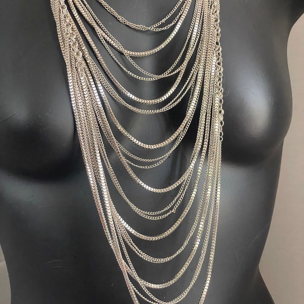 Silver Tone Metal Multichain Cascading Necklace Rock and Roll Vibe