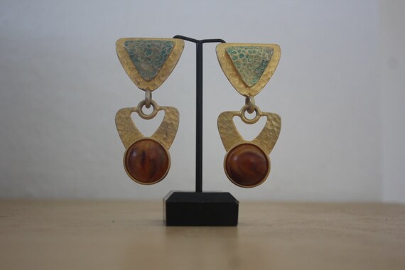 Vintage Large Geometrical Gold Tone Clip Earrings - image 3