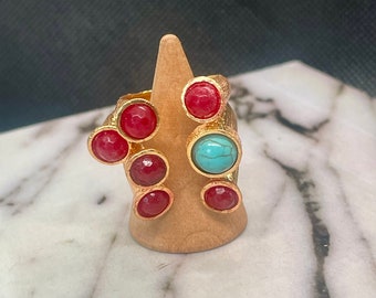 Gaudy Brutalist Style Cocktail RIng Matte Gold, Red Cabochons and Faux Turquoise Stones