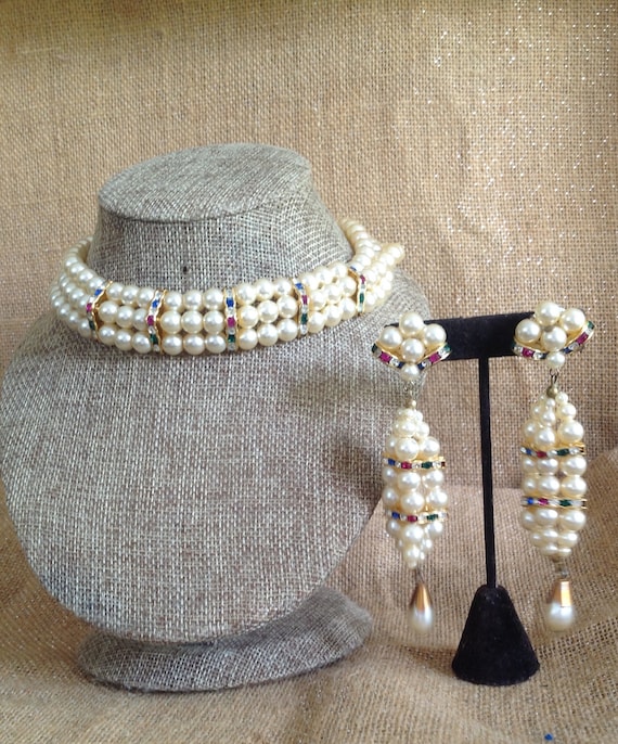 Vintage 1980's Faux Pearl Choker Necklace and Mat… - image 2