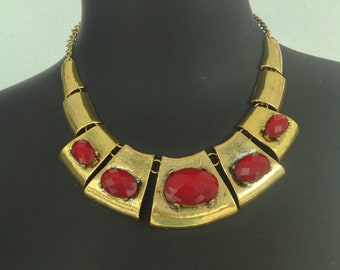 Vintage 2000 Burnished Gold Necklace with Large Red Stones