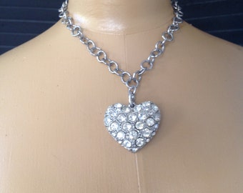 1980's Large Heart Shaped  Prong Set Clear Crystal Pendant with  Large Chunky Silver Tone Chain, Marked Yochi NY
