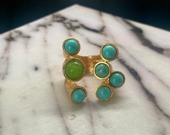 Gaudy Cocktail Ring, Matte Gold, Faux Turquoise and Green Cabochons, Brutalist Inspired Adjustable