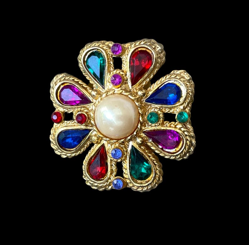 Vintage 1980s Faux Pearl Necklace & Clip-On Earrings Set | Multicolor Jeweled Cross Statement Jewelry | Maximalist Vintage image 6
