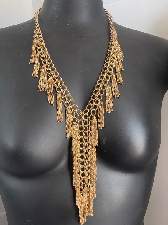 Gaudy Glamorous Fringe Necklace Gold Tone Costume 