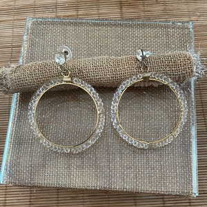 Large Hoop Earrings, Gold Tone Metal and Clear Crystals