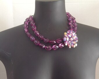 Retro Double Strand Purple Necklace with Flower Pin Attachment