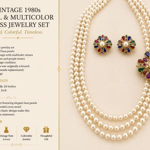 May include: A jewelry set featuring a double-strand faux pearl necklace and matching clip-on earrings. The necklace includes a large cross-shaped pendant adorned with red, blue, green, and purple stones surrounding a central pearl. Necklace length is 24 inches.