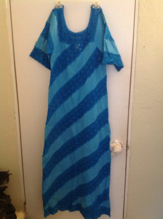 1970's Turquoise Mexican Crochet Dress Midi