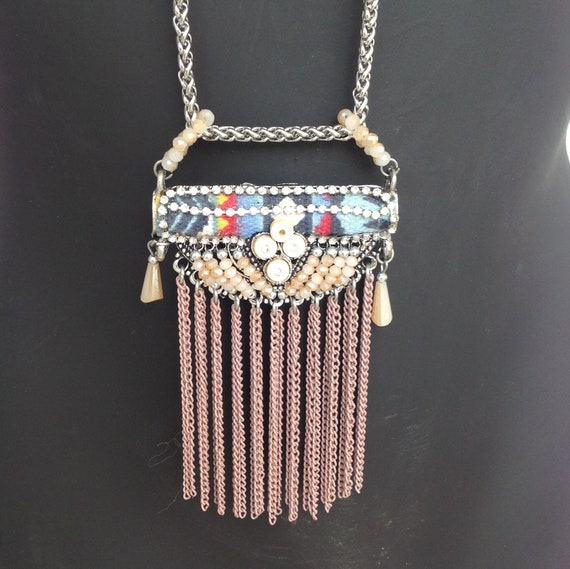 Beaded and Metal Fringe Pendant in Stainless Stee… - image 1