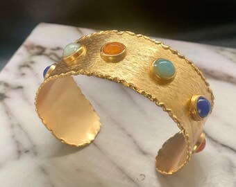 Matte Gold Bracelet with Multi Color Cabochon Stones Detail