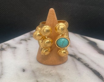 Gaudy Cocktail Ring Textured Matte Gold with Faux Turquoise Cabochon Detail Adjustable