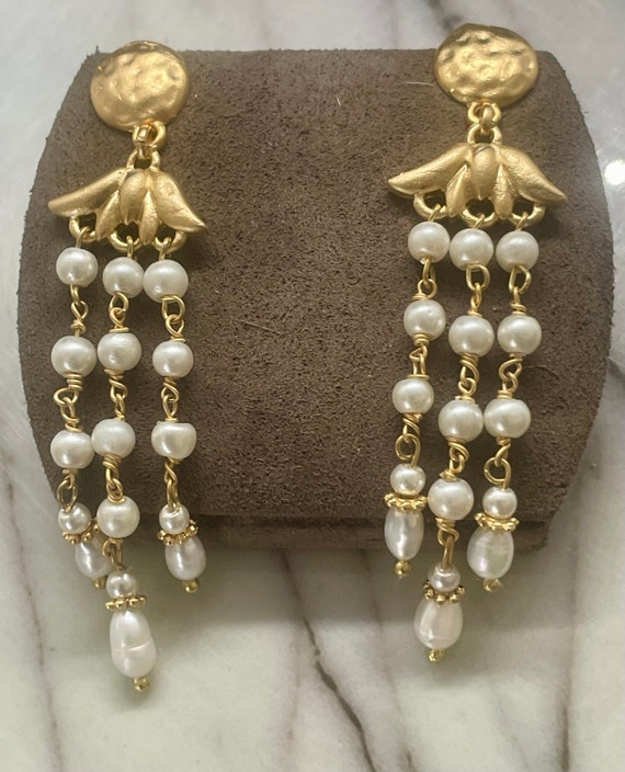 Faux Pearl Chandeliers with Matte Gold Findings a… - image 4