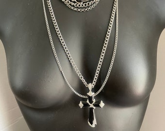1980 Punk Gothic Madonna Like a Virgin Inspired Choker with Multi Layers Chains and Black Enamel Cross Pendant
