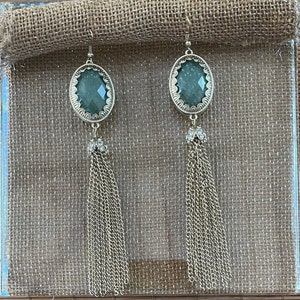 Gold Tone Metal Tassel  Earrrings with Large Faceted Faux Aquamarine Top