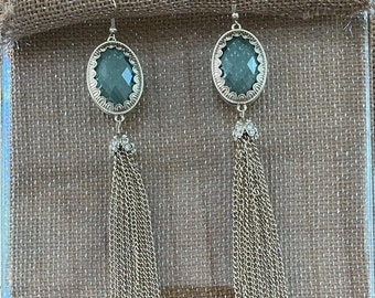Gold Tone Metal Tassel  Earrrings with Large Faceted Faux Aquamarine Top