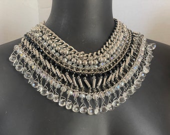 Gaudy Collar Necklace in Silver Tone Metal Chains with Bejeweled Black Clear Crystals Details