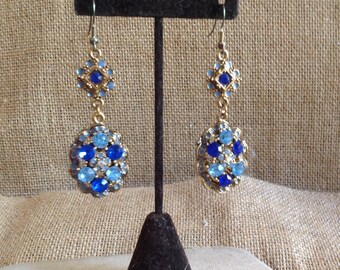 Vintage Bejeweled Blue Tone Drop Earrings
