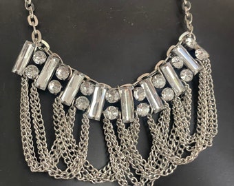 Chains and Rhinestones Biker Punk Inspired Necklace Silver Tone Clear Stones