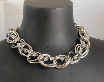 Chunky Double Links Choker Necklace with Clear Rhinestones Silver Tone