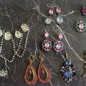 Vintage Jewelry Lot Colorful Rhinestones Earrings, Necklace, Pendant and Ring