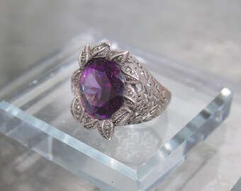 Sterling Silver Flower Cocktail Ring, Filigree and Marquesite Detail, Purple "Amethyst" Stone