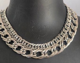 Vintage Guess Double Row Chunky Chain Choker Silver Tone