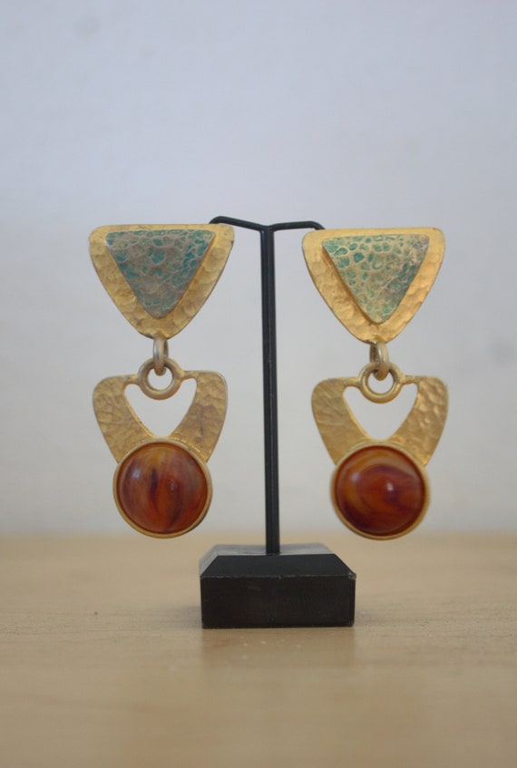 Vintage Large Geometrical Gold Tone Clip Earrings - image 2