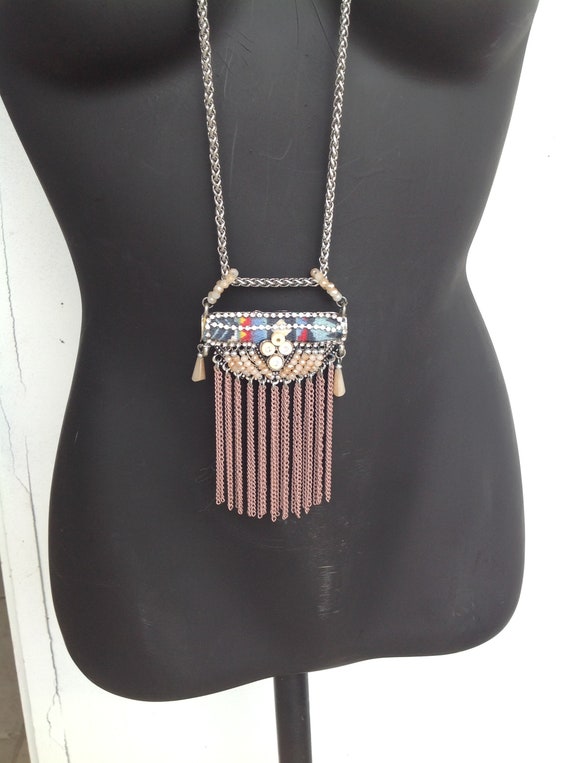 Beaded and Metal Fringe Pendant in Stainless Stee… - image 2