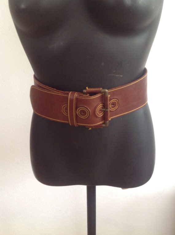 Wide Leather Belt, Cognac Brown with Yellow Stiche