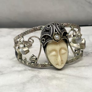 Buda Face Cuff Bracelet Silver Plated Moonstones Detail
