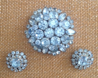 Vintage 1950's Czech Sky Blue glass Demi Parure Large Brooch and Clip Earrings