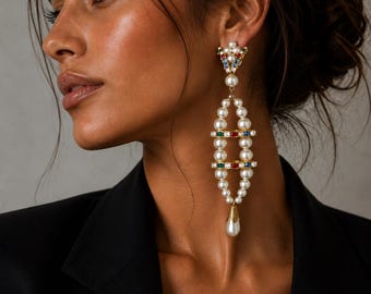 Vintage 1980 Xl Drop Earrings Faux Pearls with Multicolor Glass Details Clip Ons