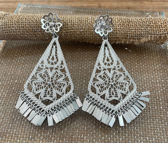 Retro Filigree Silver Tone Earrings - image 1