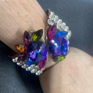 Vintage Bejeweled Color Gold Tone Hinge Cuff Bracelet