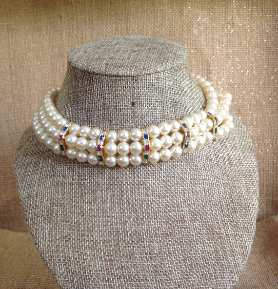 Vintage 1980's Faux Pearl Choker Necklace and Mat… - image 3