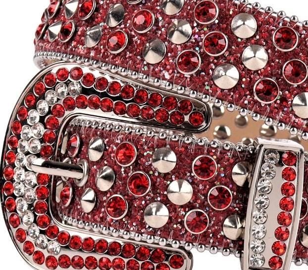 Western Rhinestone Belt Gold Ruby Red Bling Fits 31-41\