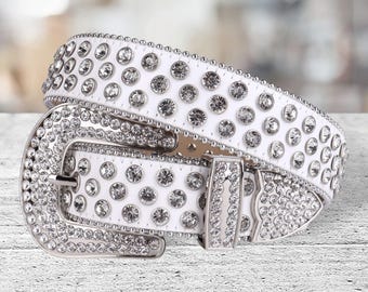 Western Rhinestone Belt – White Leather Cowgirl/Cowboy Fashion Belt