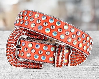 Orange Rhinestone Western Belt – Unisex Cowboy Cowgirl Fashion