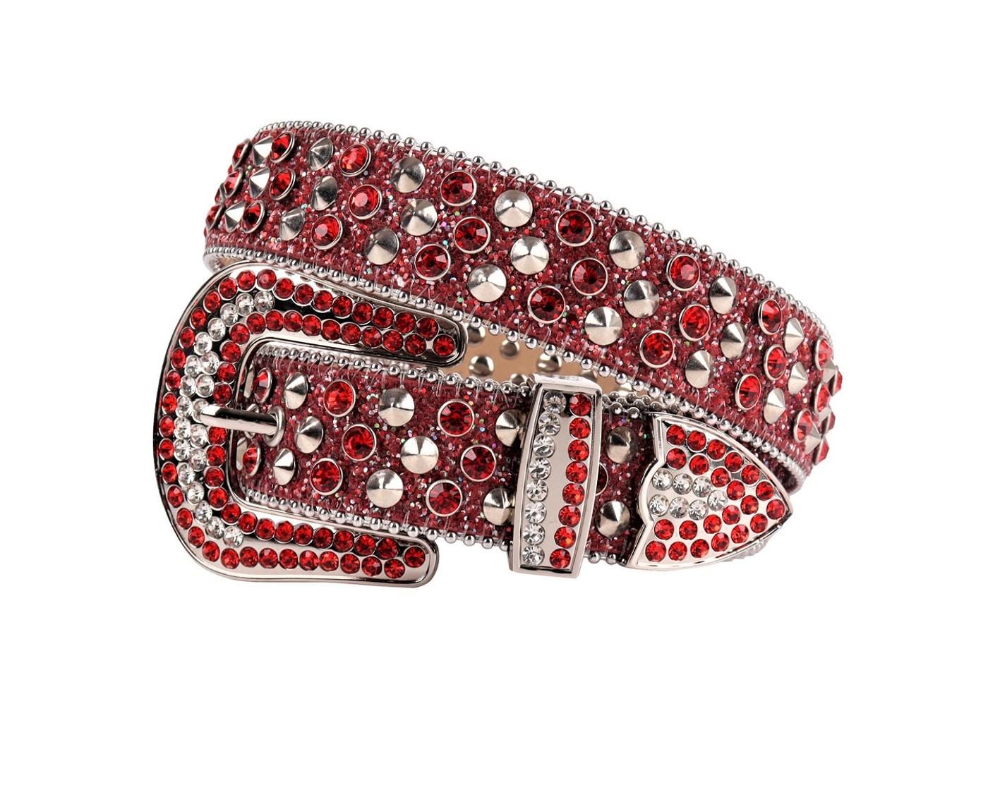 Western Rhinestone Belt Gold Ruby Red Bling Fits 31-41\