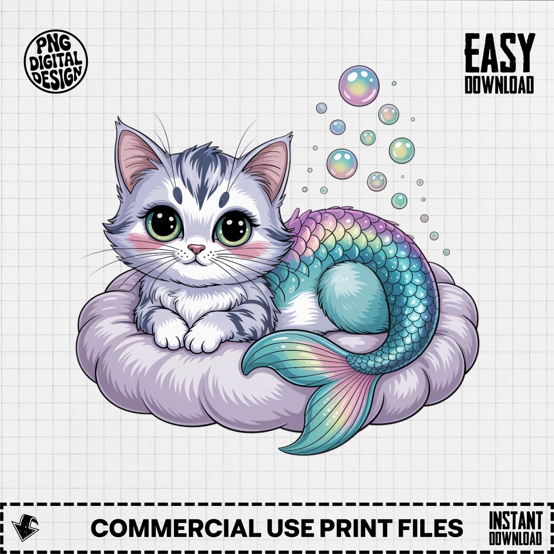 Cute Cat Mermaid Clipart, Rainbow Tail, Kitten Mermaid, Nursery Art ...