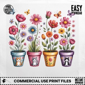 Peut inclure: Illustration numérique de quatre pots de fleurs, chacun avec un chat différent et des fleurs colorées. Les pots sont bleus, roses, jaunes et violets. Des papillons et le texte "PNG DIGITAL DESIGN" et "EASY DOWNLOAD" sont également visibles.
