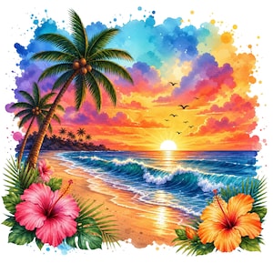 Peut inclure: Une illustration vibrante de style aquarelle représentant une plage tropicale au coucher du soleil. Deux grands palmiers se dressent à gauche, avec de grandes fleurs d'hibiscus roses et orange au premier plan, un soleil, des vagues et des oiseaux.