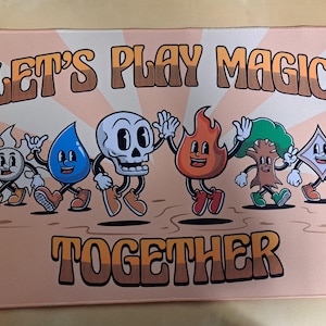May include: Rectangular play mat with the text "LET'S PLAY MAGIC TOGETHER". The mat features cartoon characters representing elements like fire, water, and earth, with a retro design and a peach-colored background.