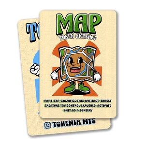 May include: A cartoon map token artifact with a smiling face. The text reads "MAP TOKEN ARTIFACT" and "PAY 1, TAP, SACRIFICE THIS ARTIFACT: TARGET CREATURE YOU CONTROL EXPLORES. ACTIVATE ONLY AS A SORCERY". The bottom of the card has the text "TOKENIA.MTG".