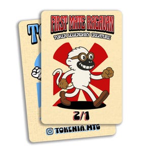 May include: Two trading cards featuring a cartoon monkey character. The primary card displays "FIRST MATE RAGAVAN" and "TOKEN LEGENDARY CREATURE" text, with a monkey wearing goggles and running. The card has a red and white background and the number "2/1".
