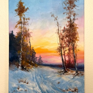 Winter Forest Sunset Oil Painting - 11x14&quot; Original Landscape Art on Canvas