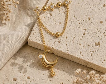 Sterling Silver Moon Star Ear Cuff Chain Earring, Gold Celestial CZ Climber