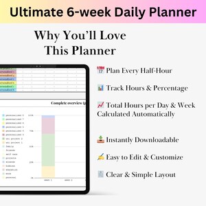Op de afbeelding: Een digitale planner met de tekst "Ultimate 6-week Daily Planner". De planner biedt planning per half uur, urenregistratie en automatische berekening van het totaal aantal uren. Direct downloadbaar en gemakkelijk te bewerken.