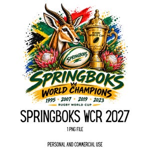 Peut inclure: Une illustration graphique représentant un springbok, un trophée de rugby doré et un ballon de rugby marqué Springboks. Le design inclut le texte Springboks World Champions, les années 1995, 2007, 2019, 2023 et Rugby World Cup, aux couleurs du drapeau sud-africain.